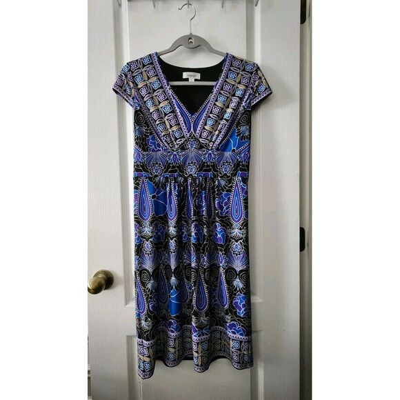 Dress Barn Women's V-Neck Cap Sleeve Ornate‎ Print Dress Blue Purple Size 6 - Picture 2 of 10